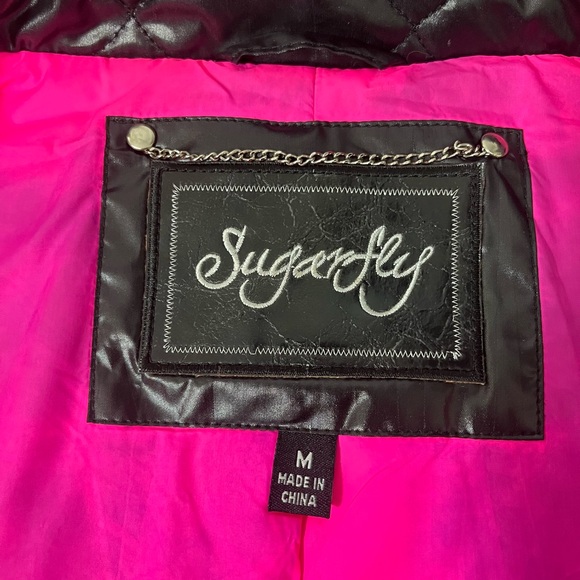 SUGARFLY Quilted Puffer Moto Jacket Coat Zip Up Pockets Black Neon Pink Medium - Picture 11 of 13